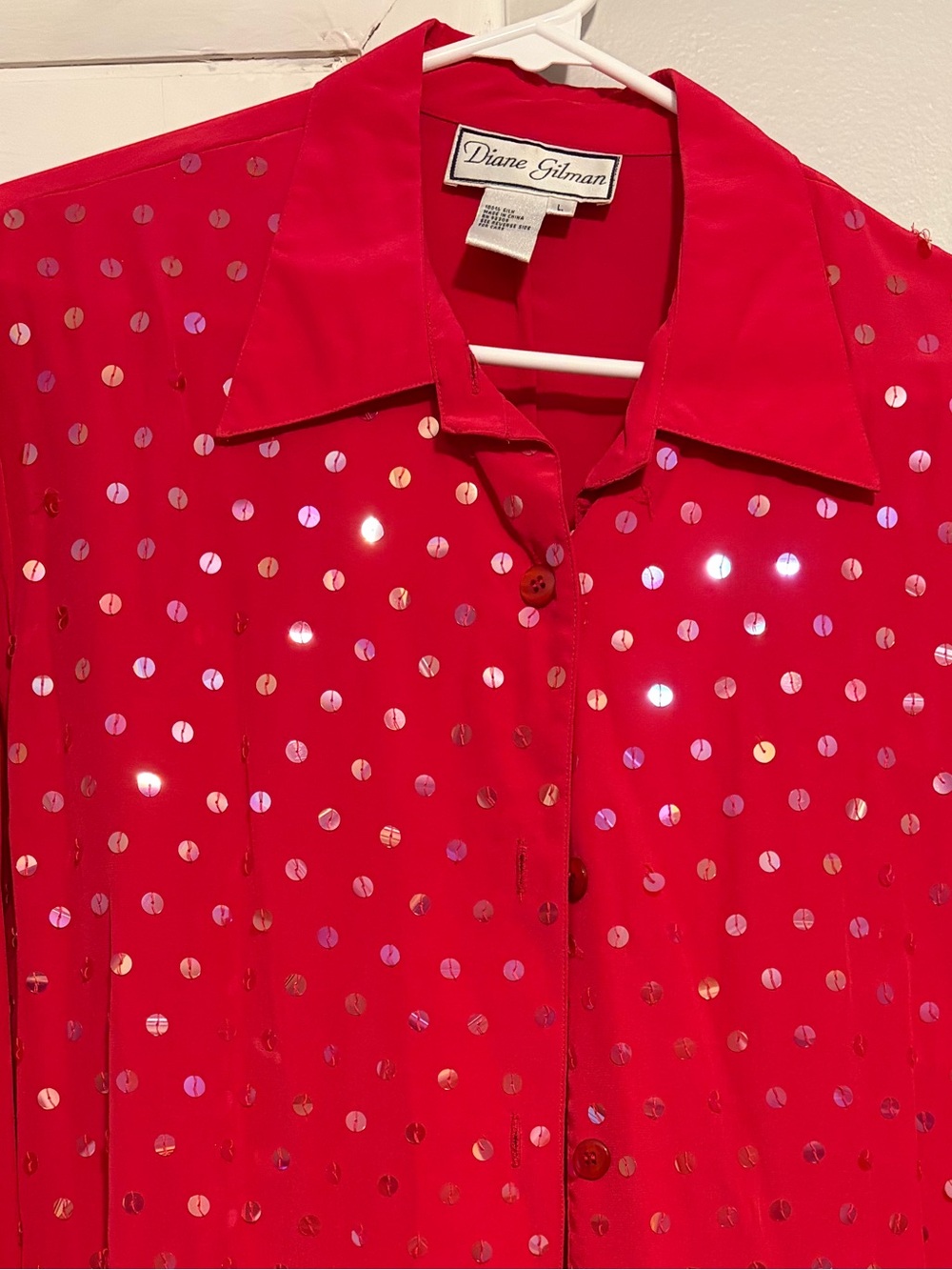 Diane Gilman Silk bright pink Sequin Dot Button-Up Blouse all silk sz large VTG